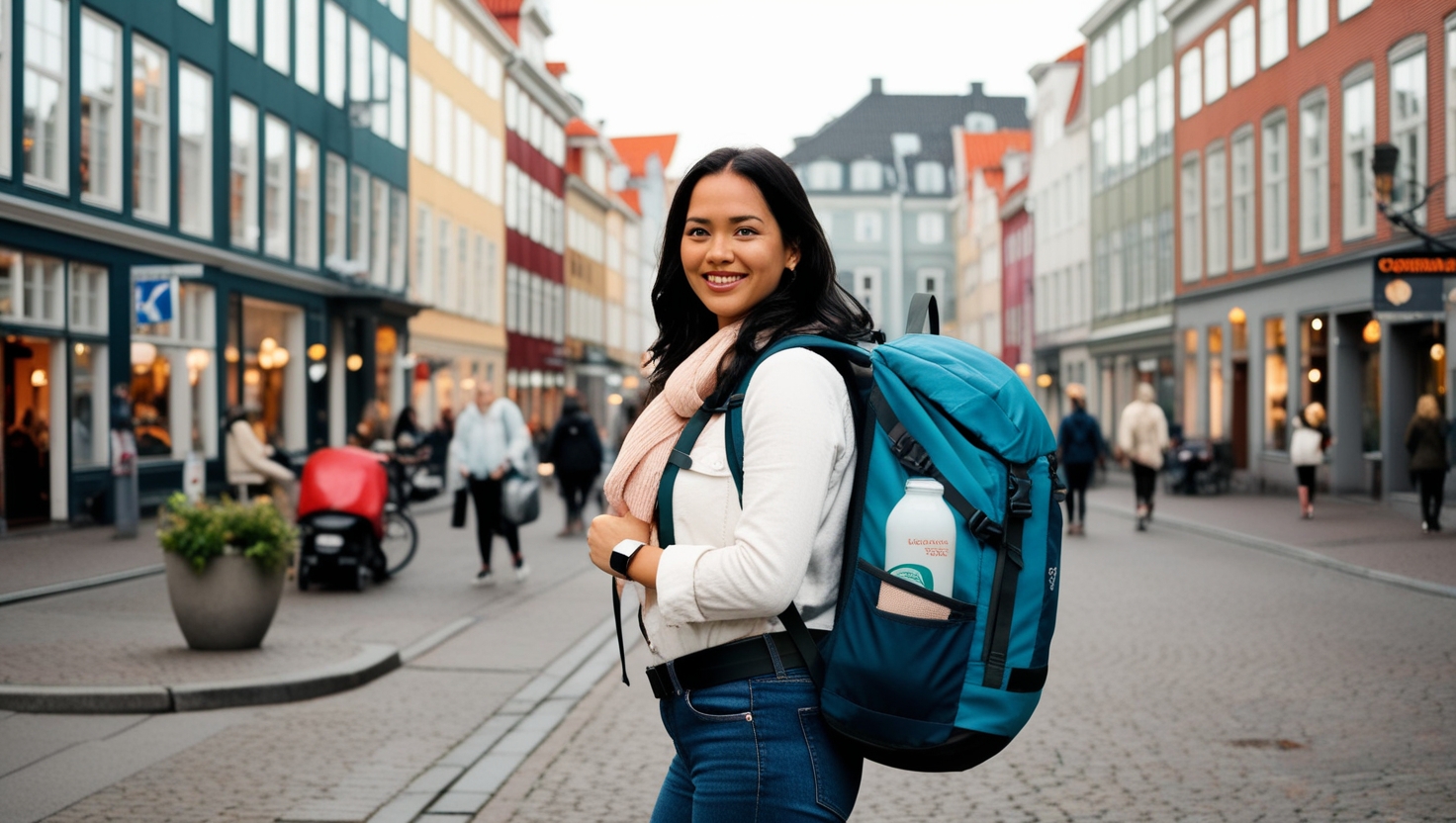 A solo female traveler standing confidently with a backpack in a bustling yet secure street of Copenhagen.