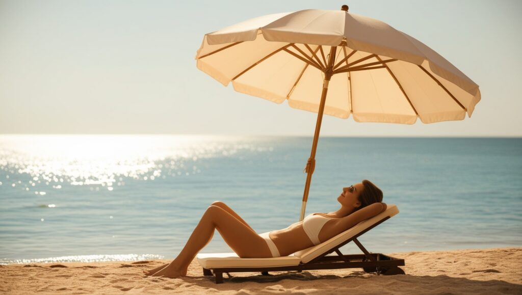 Solo Female Travel Destinations for Safety and Fun in 2024; A serene beach scene with a woman lounging under a parasol, with soft sunlight reflecting on the water, representing solo relaxation.