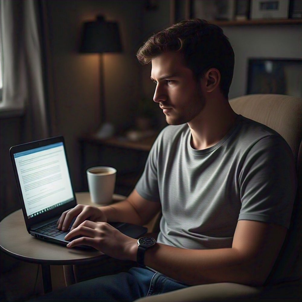 A guy searching something using laptop