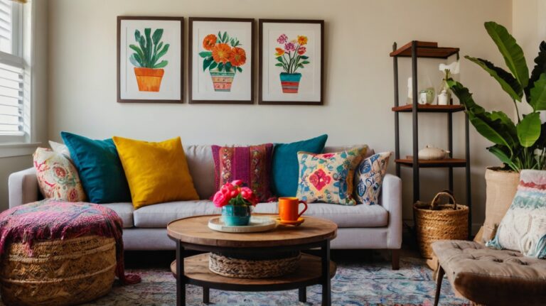 DIY Home Decor Ideas: A cozy and vibrant living room showcasing handmade decorations, such as a gallery wall, painted flower pots, and a colorful throw pillow.