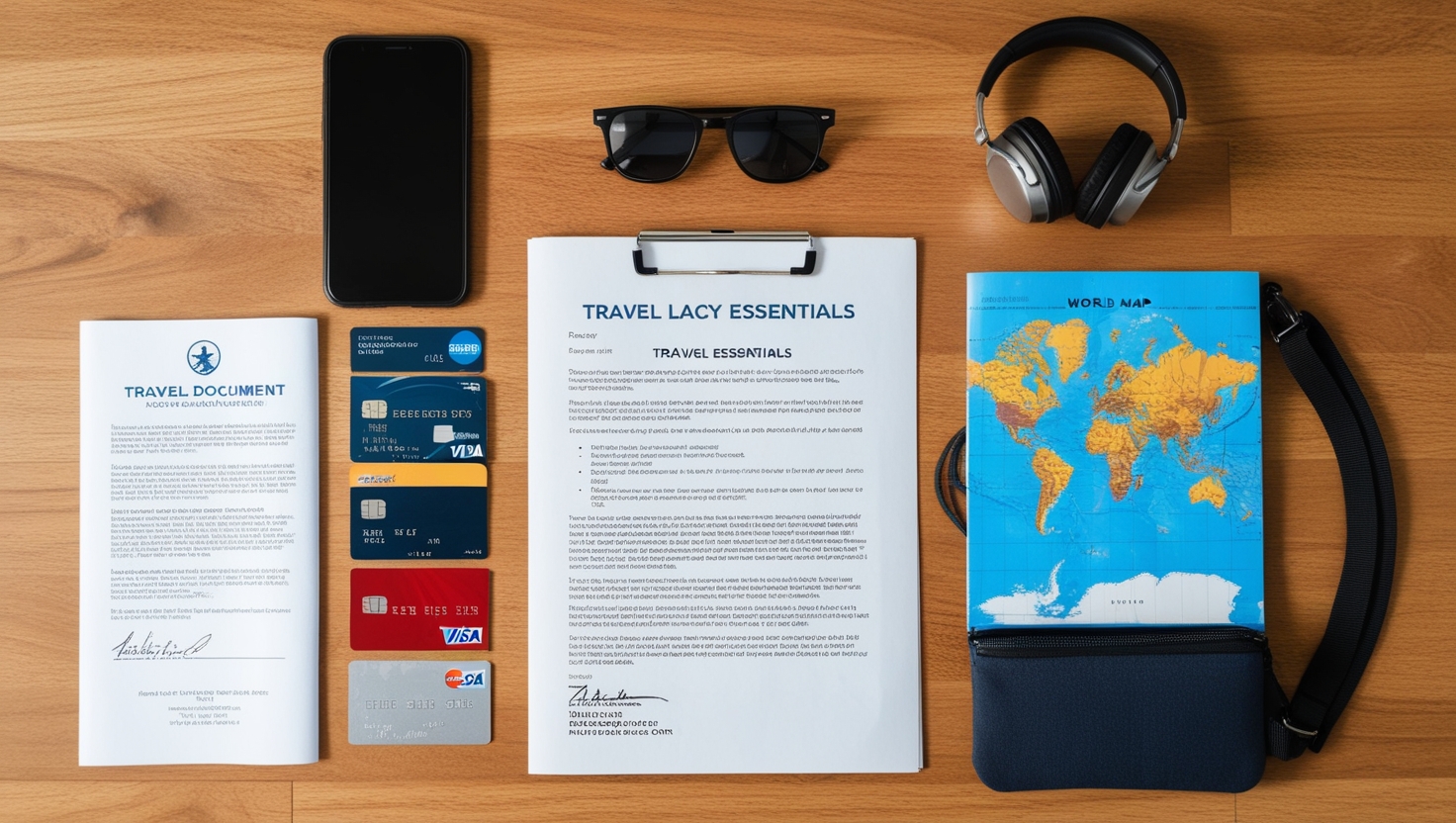 How to Choose the Right Travel Insurance Plan How to Choose the Right Travel Insurance Plan; A flat lay of travel essentials, including a policy document, credit cards, a phone, and a world map.