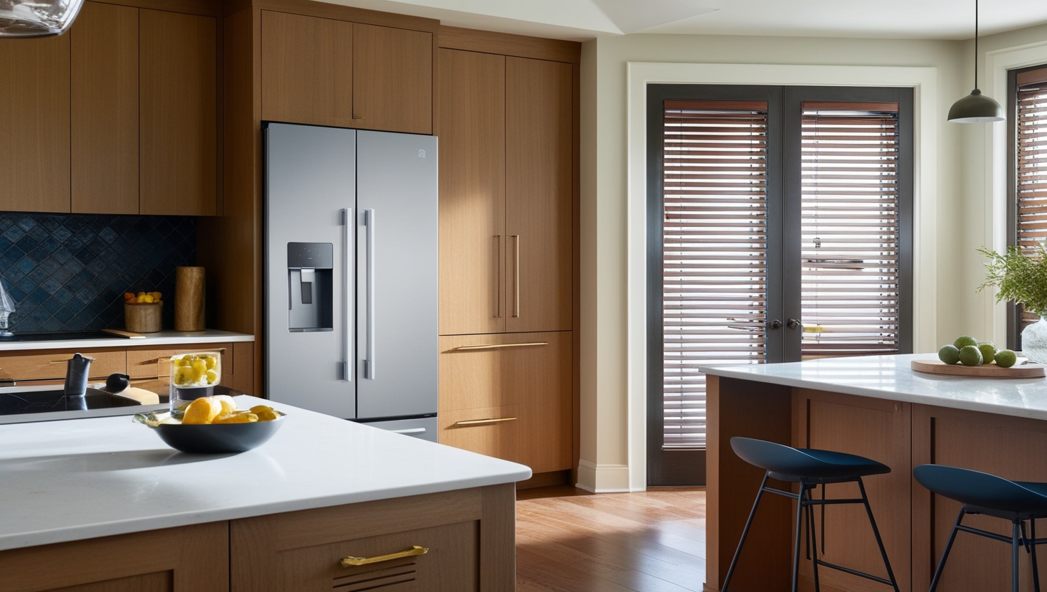 A kitchen with a smart refrigerator, a voice-activated assistant, and automated blinds