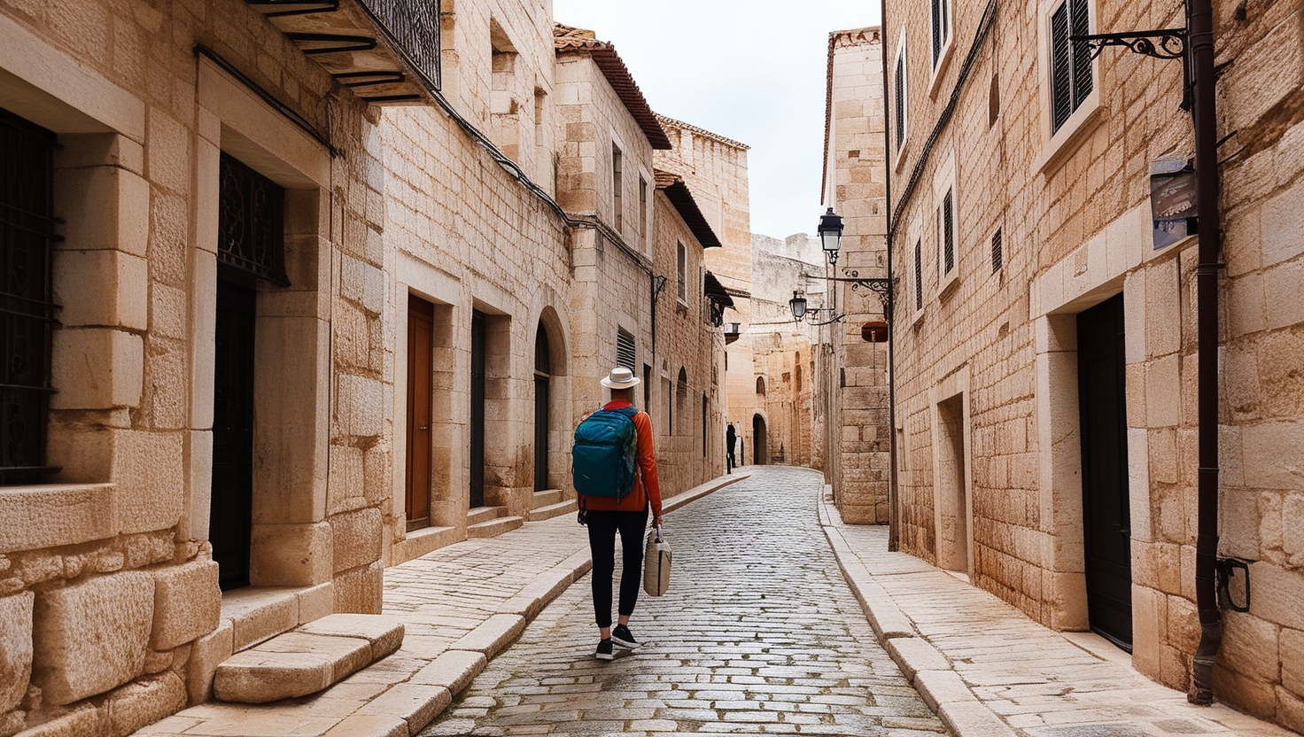 A traveler exploring narrow streets in an ancient city, with cobblestone pathways and old stone buildings, capturing a sense of timeless wonder.