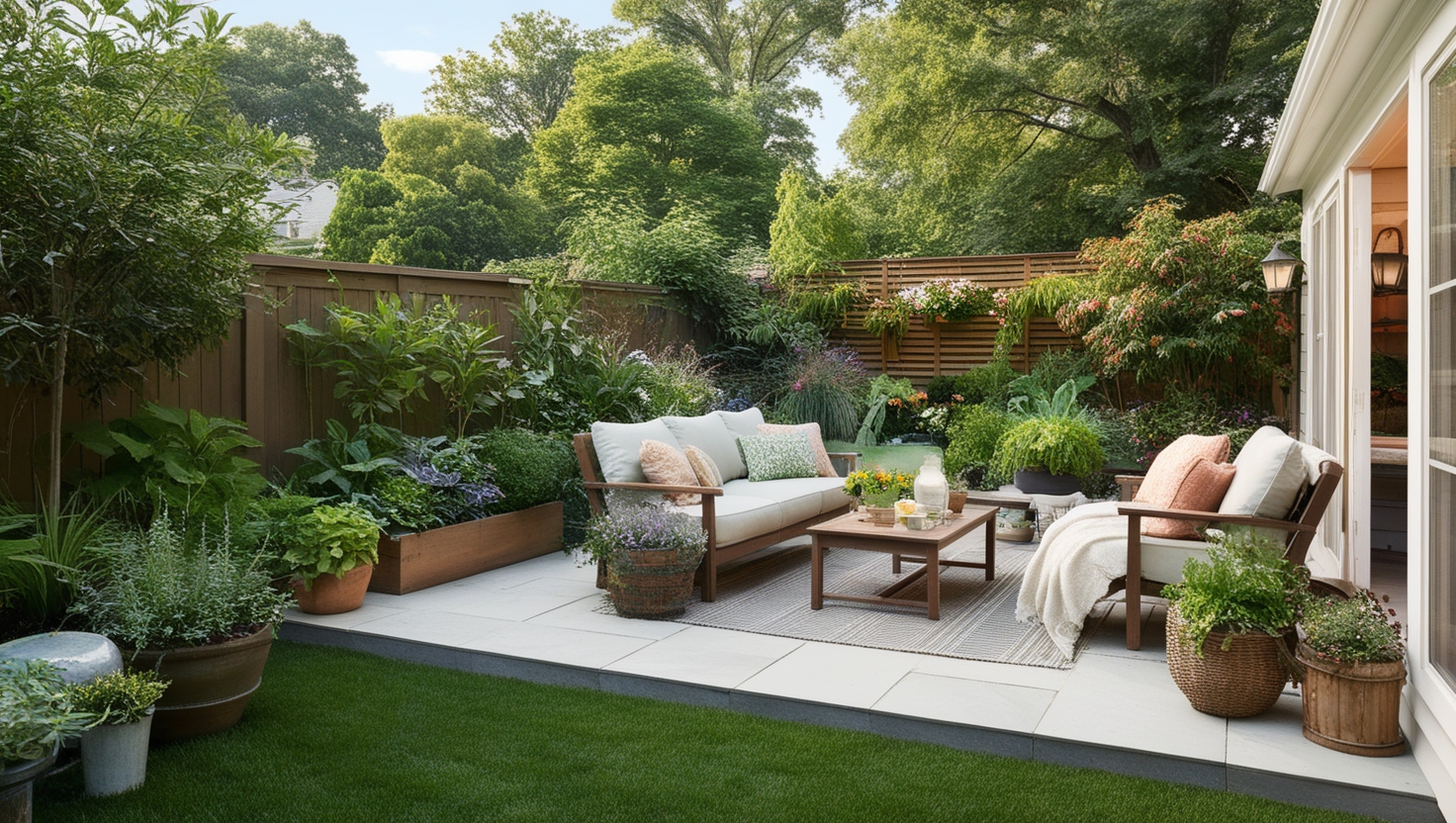 Backyard Landscaping Ideas for Every Budget Transform Your Outdoor Space; A lush garden with a cozy patio, highlighting elements that fit different budgets.