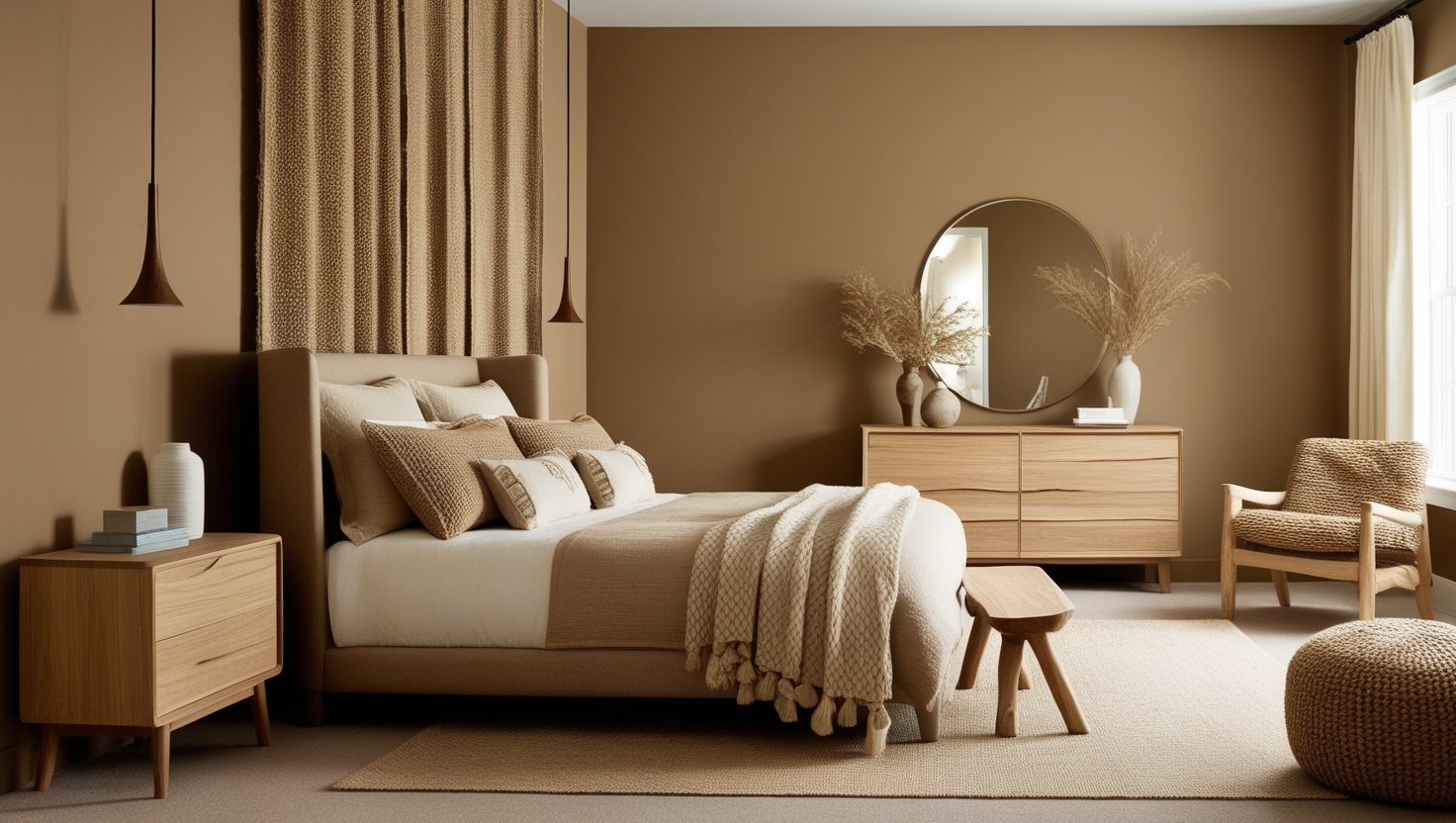 A stylish bedroom with warm beige walls, complemented by textured fabrics and natural wooden furniture.