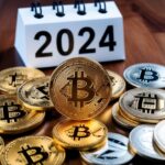 Crypto Market Predictions for 2024 What to Expect This Year A diverse array of crypto coins, including Bitcoin and altcoins, with a calendar marked 2024 in the background