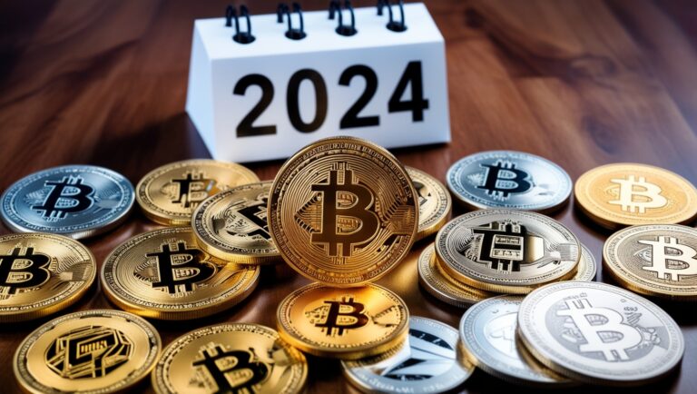 Crypto Market Predictions for 2024 What to Expect This Year A diverse array of crypto coins, including Bitcoin and altcoins, with a calendar marked 2024 in the background