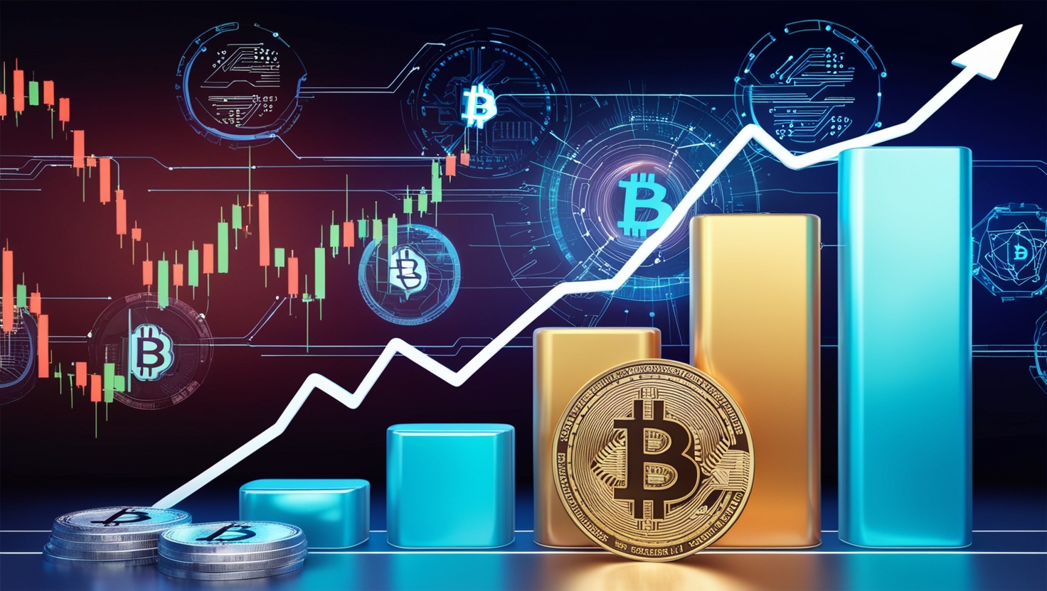 Crypto Market Predictions for 2024 What to Expect This Year A futuristic chart showing cryptocurrency values rising against a backdrop of blockchain-inspired digital designs