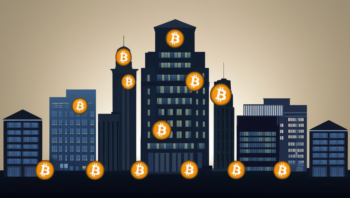 How Bitcoin ETFs Are Driving Institutional Adoption A silhouette of institutional buildings (banks, investment firms) with glowing Bitcoin symbols, representing adoption by major financial players