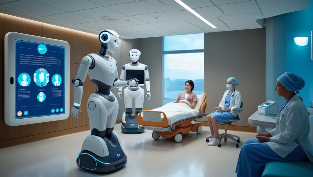 Robotics in Health Tech Transforming Modern Healthcare; A futuristic healthcare facility with robots interacting with patients.