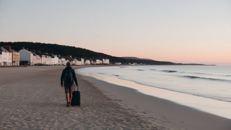 The Benefits of Slow Travel for Mental Wellbeing; A quiet coastal town scene with a traveler strolling along a sandy beach during sunset, surrounded by calm waves.