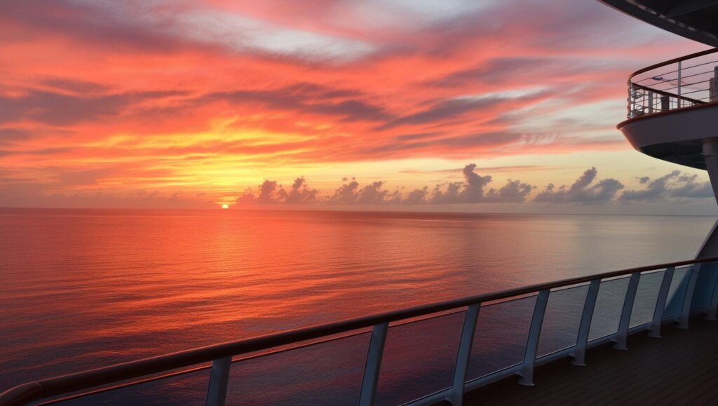 The Best Cruise Routes for Scenic Views in 2024; A sunset view from the deck of a cruise ship, with vibrant orange and pink skies reflected in calm ocean waters.