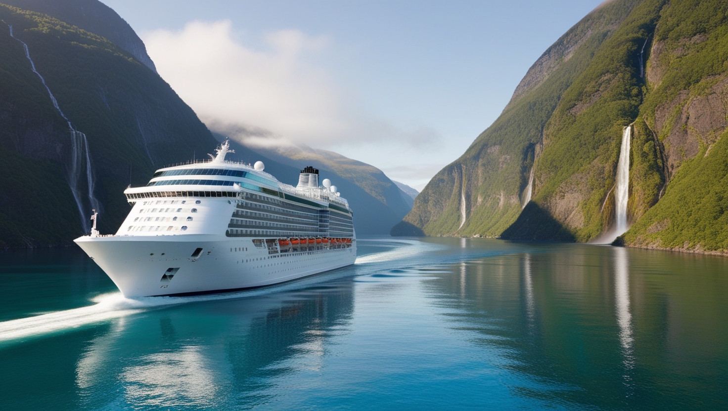 The Best Cruise Routes for Scenic Views in 2024; A cruise ship sailing through a narrow fjord surrounded by lush green mountains and waterfalls