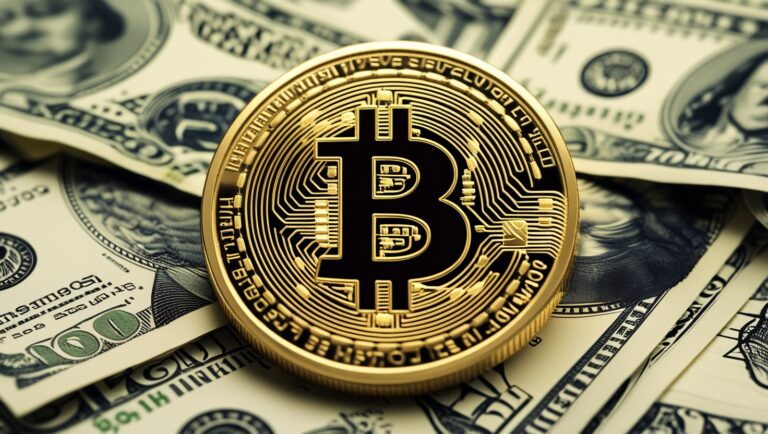 Rise of Bitcoin Price; A gold Bitcoin coin surrounded by dollar bills and technology symbols.