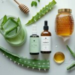 Natural Beauty Tips in 2025. A serene flat lay of natural skincare products like aloe vera, honey, and essential oils with a minimalist background