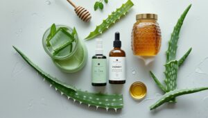 Natural Beauty Tips in 2025. A serene flat lay of natural skincare products like aloe vera, honey, and essential oils with a minimalist background